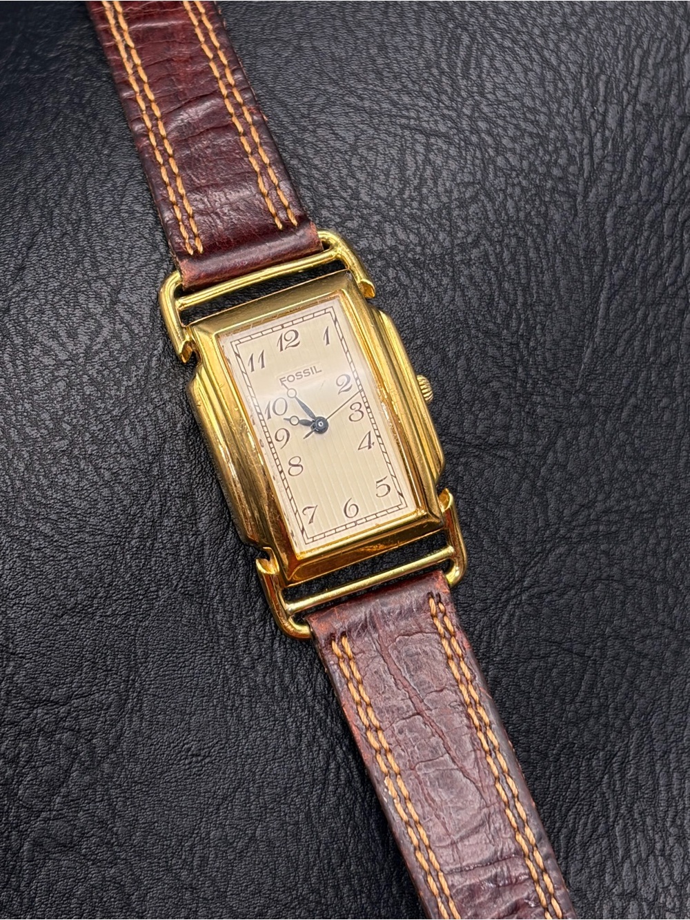 Vintage 90s Fossil Art Deco Tank Gold-Tone Watch / New Battery